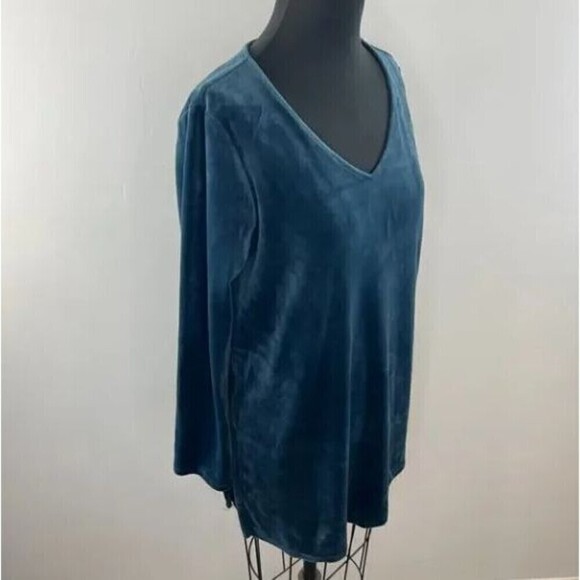 J Jill Pure Jill Velour Tunic Top Size M Teal Long Sleeve Draped Slit V-Neck - Picture 4 of 9